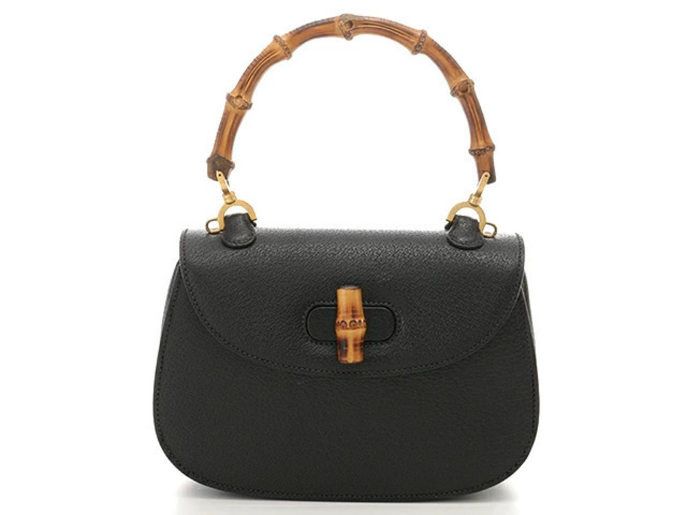Gucci Shoulder Bag Bamboo Calfskin Embossed Black
